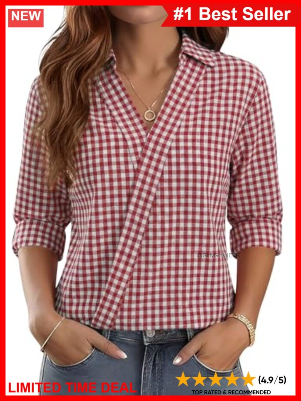 LOMON Womens 3/4 Sleeve V Neck Collared Dress Shirt Business Casual Blouse